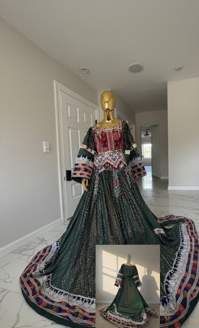 Handmade Emerald Afghani Gown Traditional Embroidery &amp; Mirrorwork | Custom Size